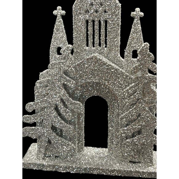VINTAGE Silver Glitter Church Hanging 3D Christmas Ornament - Picture 2 of 4